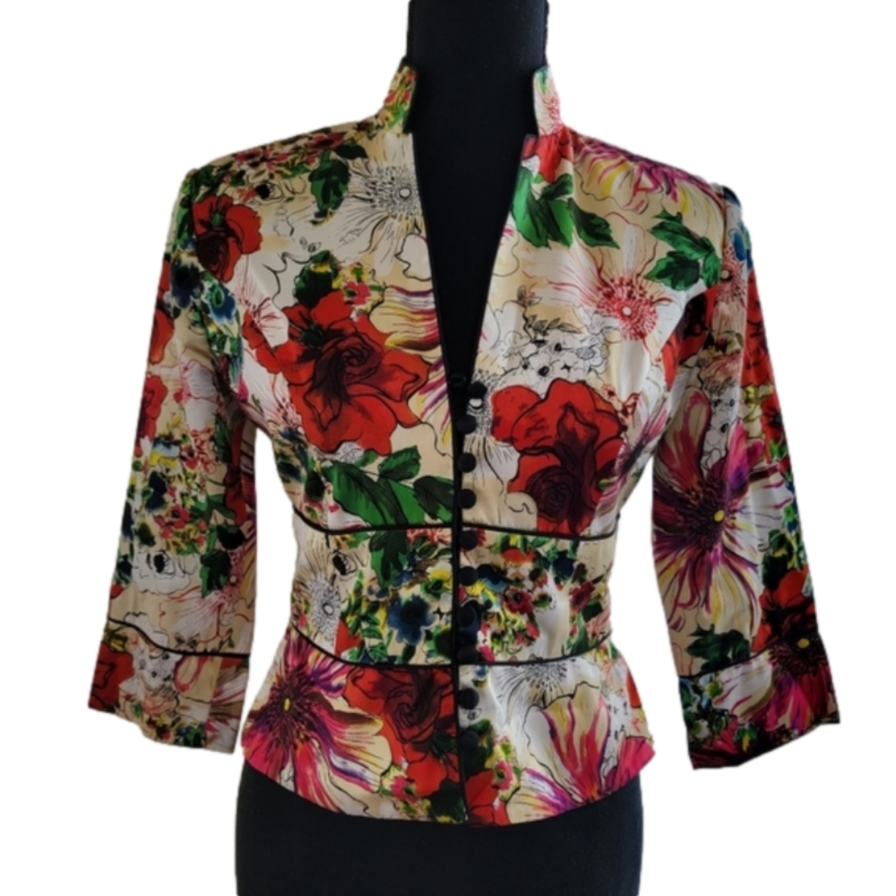 JS Collection Bright Floral Silk 3/4 Sleeve Shirt or Jacket Size 2 Petite EUC